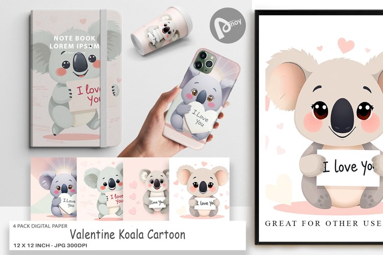 Digital Paper Valentine Koala Cartoon