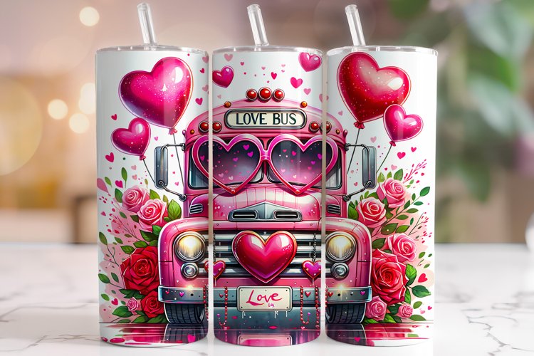 Valentines Day Love Bus Tumbler Wrap, School Bus Tumbler