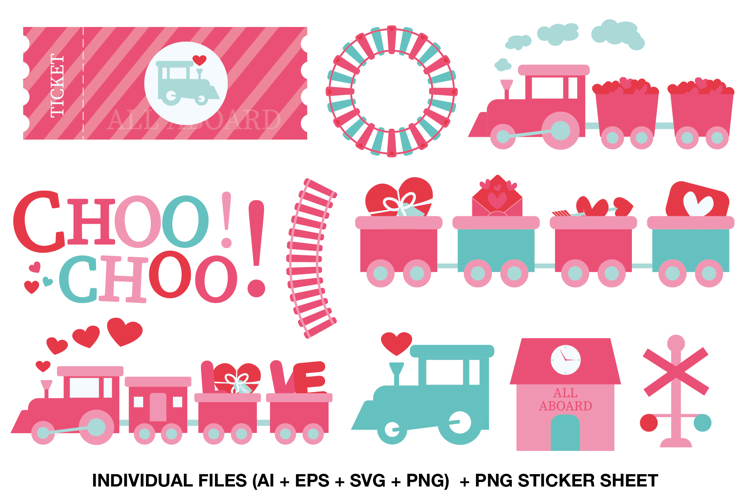 Valentine Love Train Clipart, Cute Romantic Train PNG Set