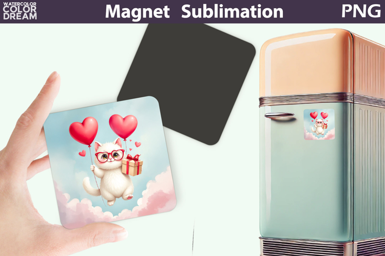 Cute Animal Valentine Magnet | Cat Heart Sublimation