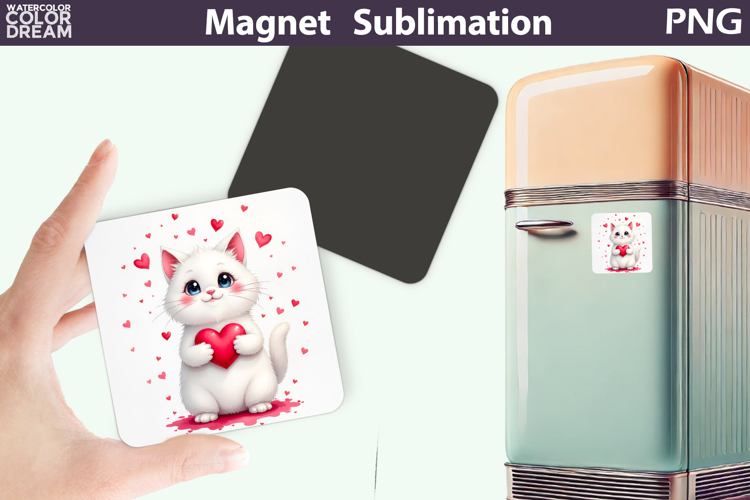 Cute Animal Valentine Magnet | Cat Heart Sublimation