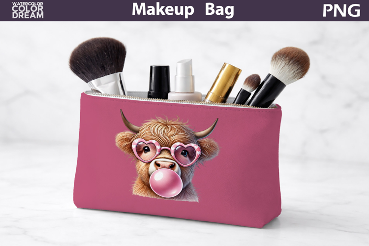 Makeup Bag Sublimation | Highland Cow Bubble Gum Sublimation
