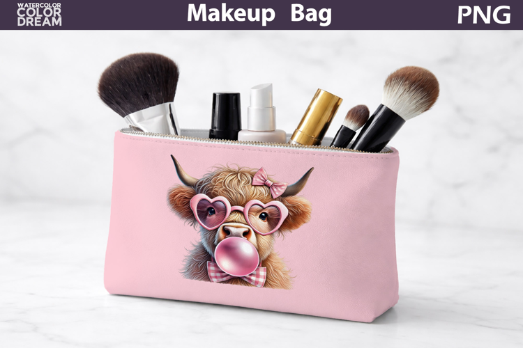 Makeup Bag Sublimation | Highland Cow Bubble Gum Sublimation