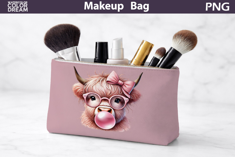 Makeup Bag Sublimation | Highland Cow Bubble Gum Sublimation