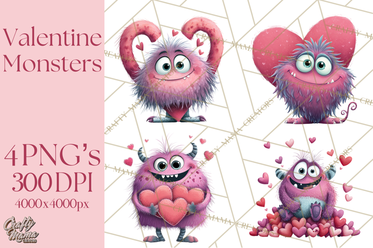 Valentine Monster Clipart PNG, Cute Valentine Monsters, Kids