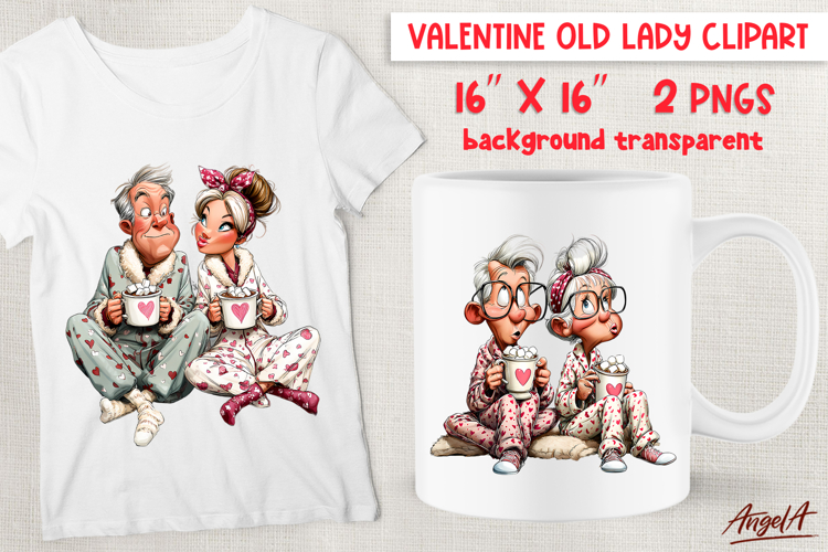 Couple in love in pajamas Grandparents Valentine clipart PNG