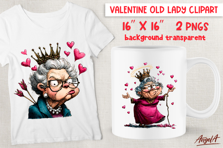 Single Valentine clipart elderly old lady Grandma, cupid PNG