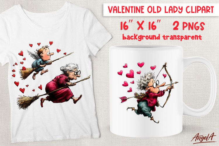 Single Valentine clipart elderly old lady as cupid Humor PNG