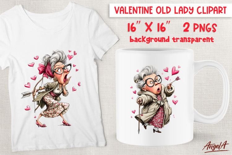 Valentine clipart elderly lady with pink heart Funny grandma