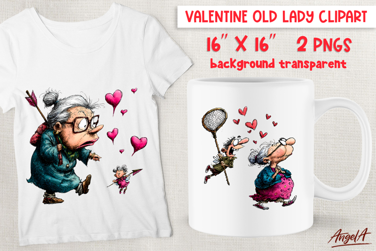 Single Valentine clipart elderly lady Funny grandma, cupid