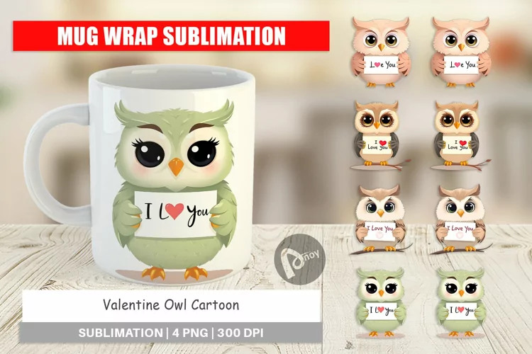 Mug Wrap Design Valentine Owl Cartoon