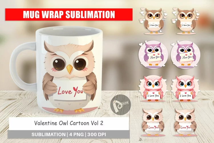 Mug Wrap Design Valentine Owl Cartoon