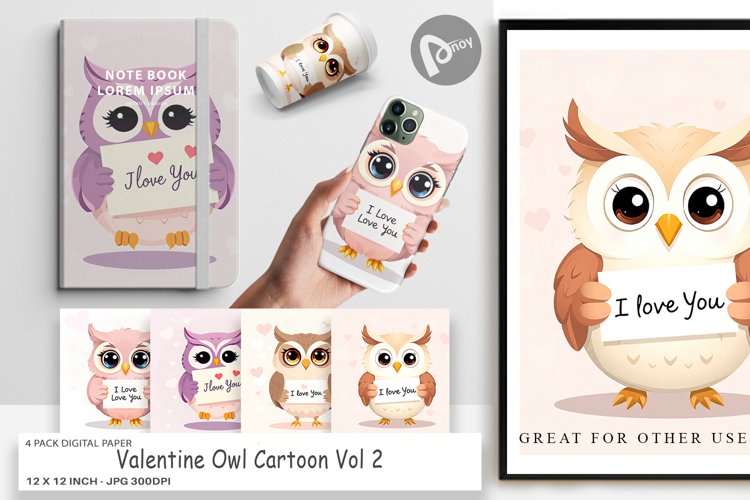 Digital Paper Valentine Owl Cartoon