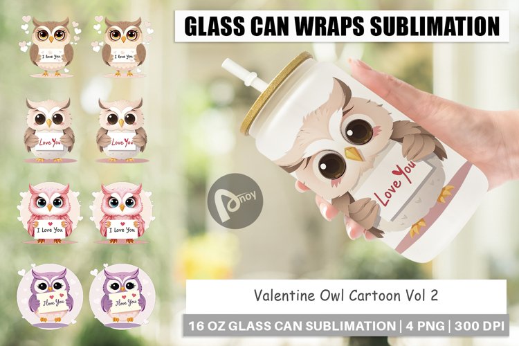 Glass Can Wraps Valentine Owl Cartoon