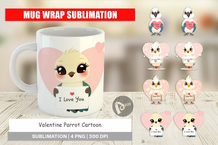 Mug Wrap Design Valentine Parrot Cartoon