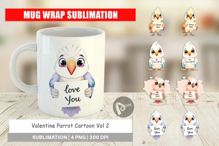 Mug Wrap Design Valentine Parrot Cartoon