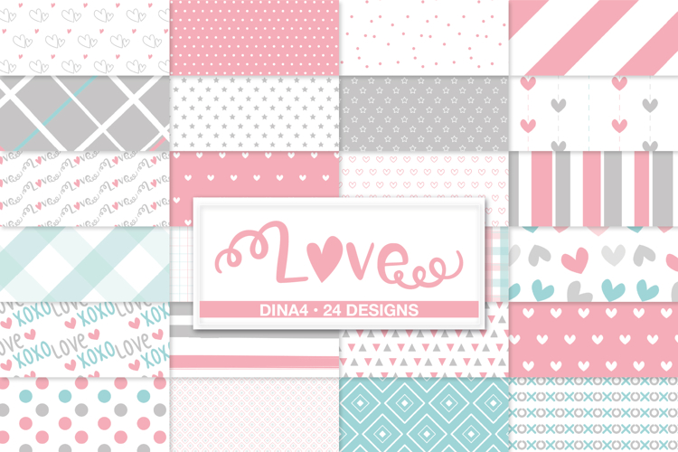Valentine Pastel Digital Papers, 24 Love Pattern Designs