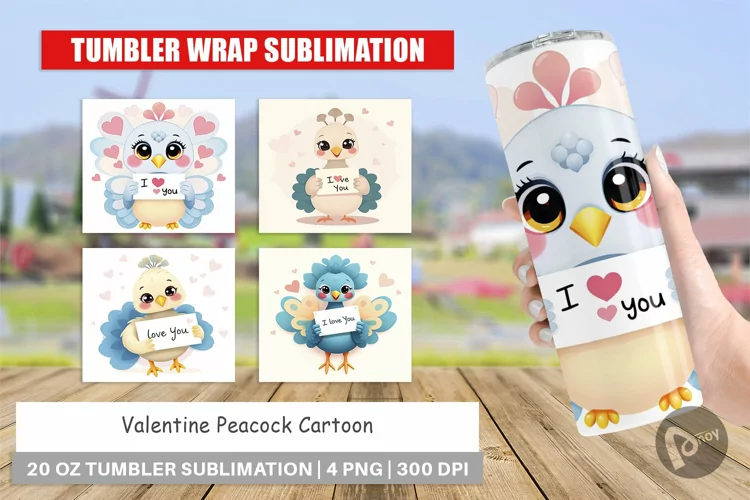 Tumbler Wrap Valentine Peacock Cartoon