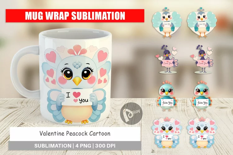 Mug Wrap Design Valentine Peacock Cartoon