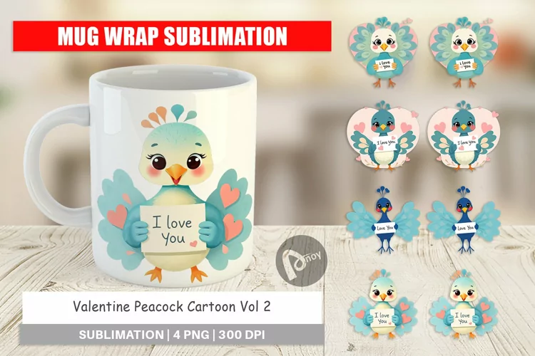 Mug Wrap Design Valentine Peacock Cartoon