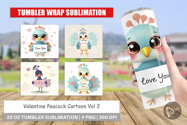 Tumbler Wrap Valentine Peacock Cartoon example image 1