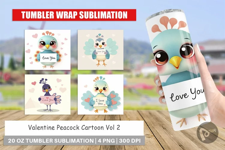 Tumbler Wrap Valentine Peacock Cartoon