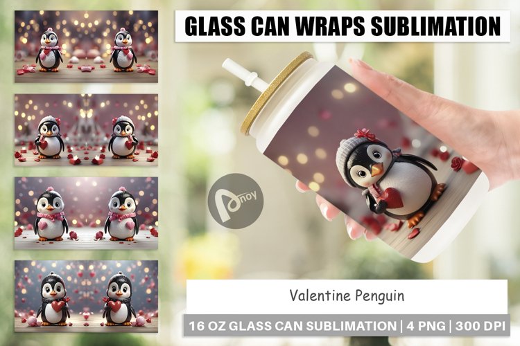 Glass Can Wraps Valentine Penguin