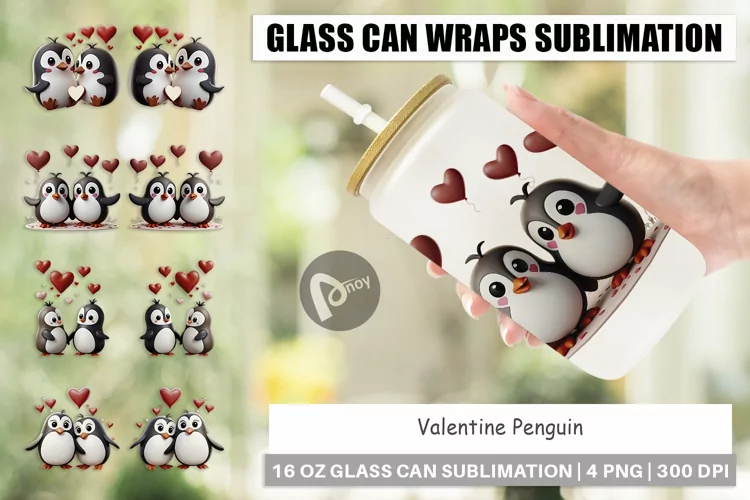 Glass Can Wraps Valentine Penguin
