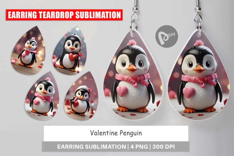 Earring teardrop sublimation design Valentine Penguin
