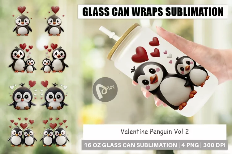 Glass Can Wraps Valentine Penguin