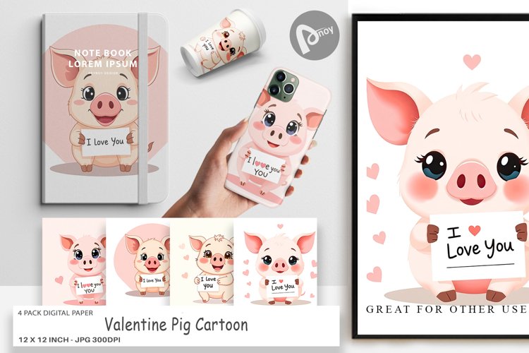 Digital Paper Valentine Pig Cartoon