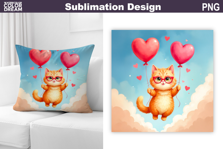 Valentine Cat Pillow Design | Valentines Day Sublimation