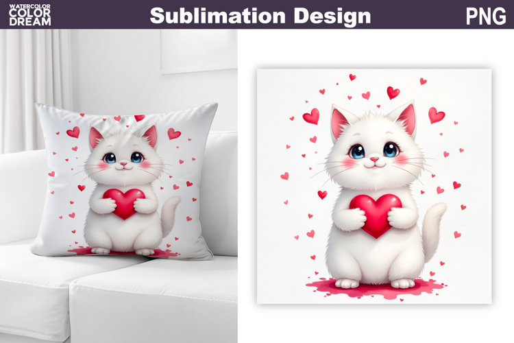 Valentine Cat Pillow Design | Valentines Day Sublimation