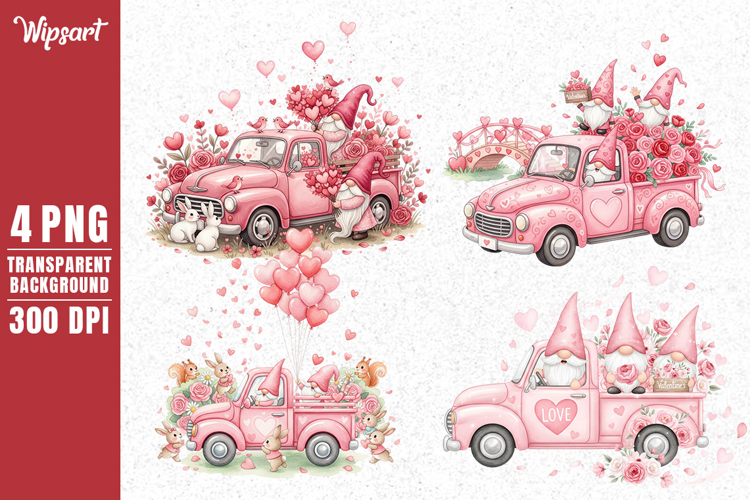 Valentine Pink Trucks with Cute Gnomes and Hearts PNG