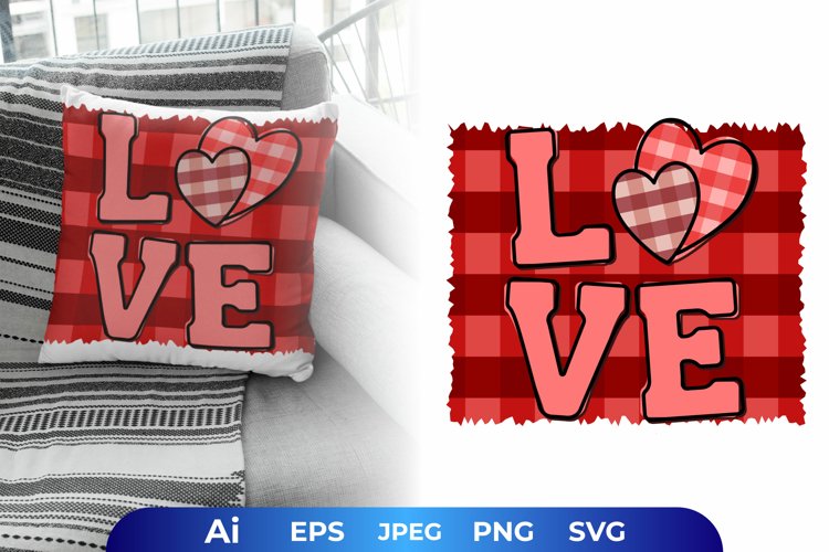 Adorable Love Text with Two Hearts in Red Plaid Pattern