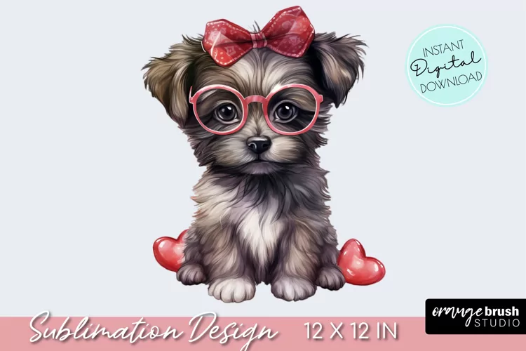 Valentine Puppy Clipart - Watercolor Dog Sublimation Design
