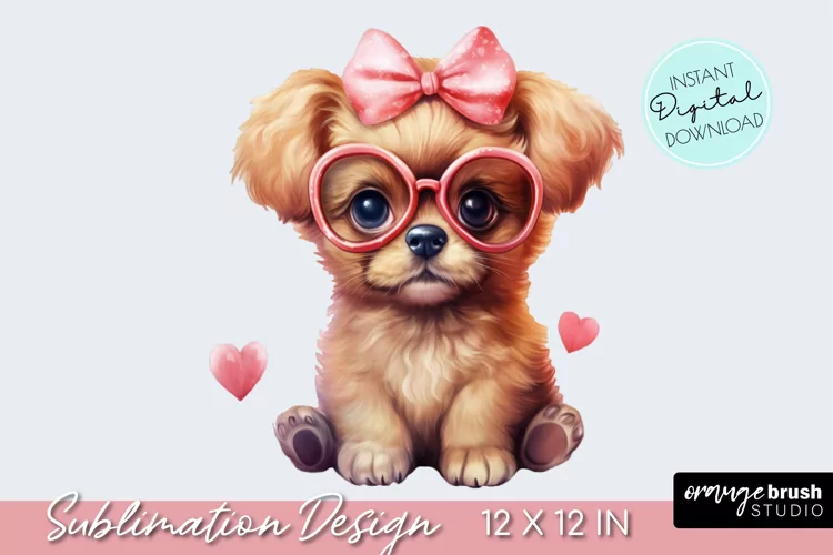 Valentine Puppy Sublimation Design, Watercolor Clipart