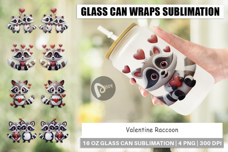 Glass Can Wraps Valentine Raccoon example image 1