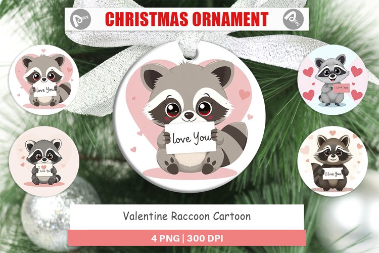 Christmas Ornaments Valentine Raccoon Cartoon example image 1
