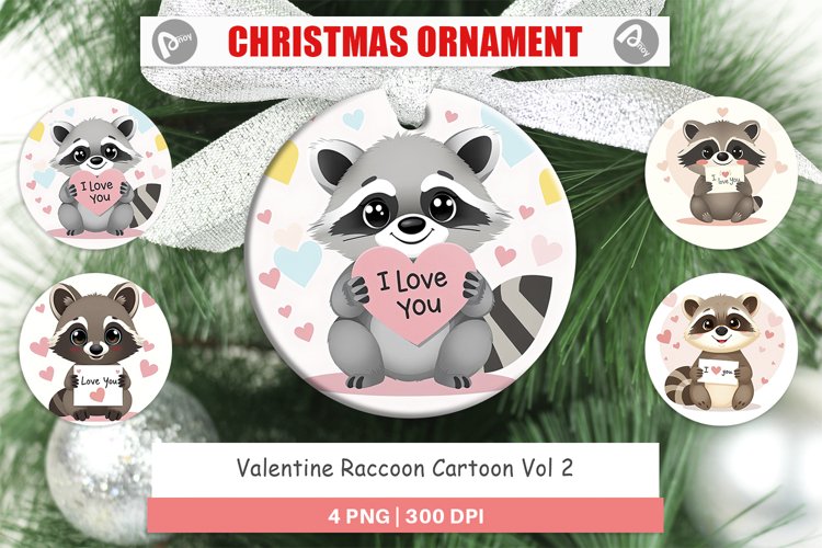 Christmas Ornaments Valentine Raccoon Cartoon example image 1