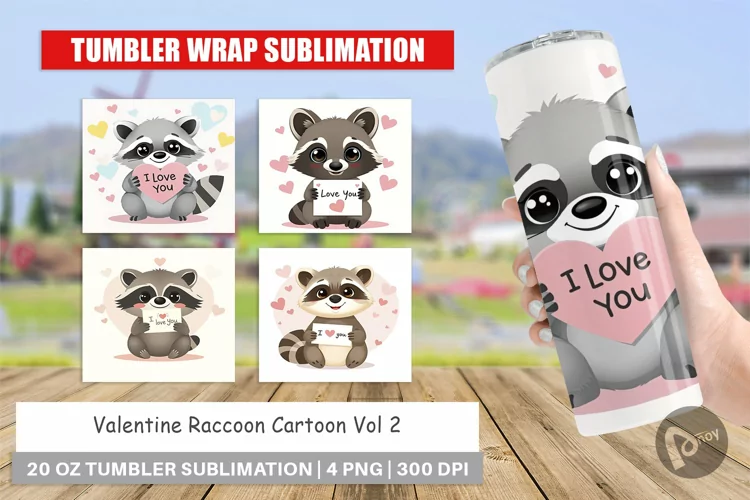 Tumbler Wrap Valentine Raccoon Cartoon