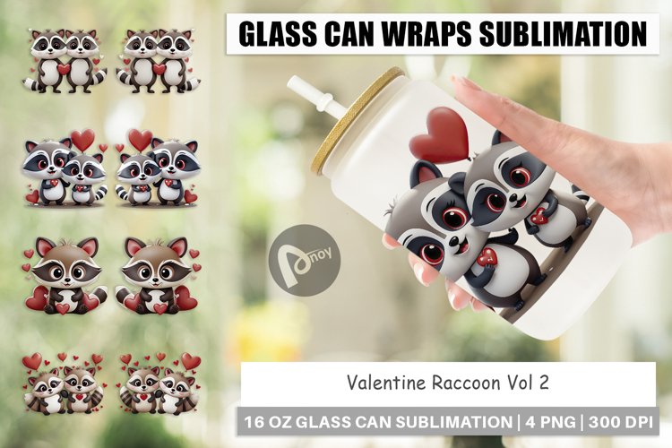 Glass Can Wraps Valentine Raccoon example image 1