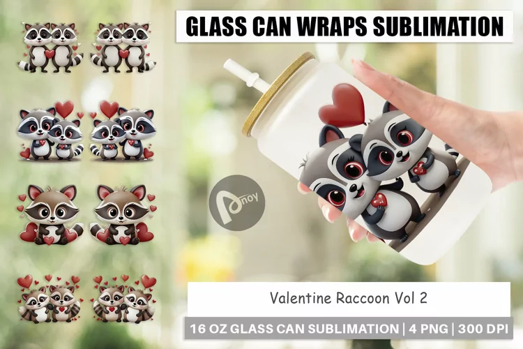 Glass Can Wraps Valentine Raccoon
