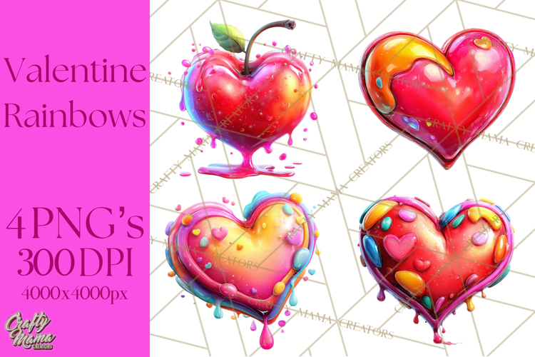 Bright Valentine Rainbows, Red Pink Hearts, Glossy Love
