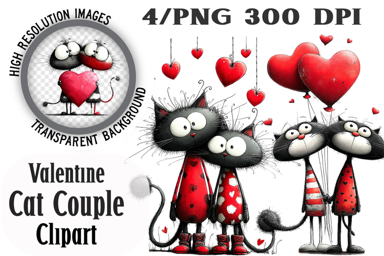 Valentine Romantic Cat Couple Clipart PNG