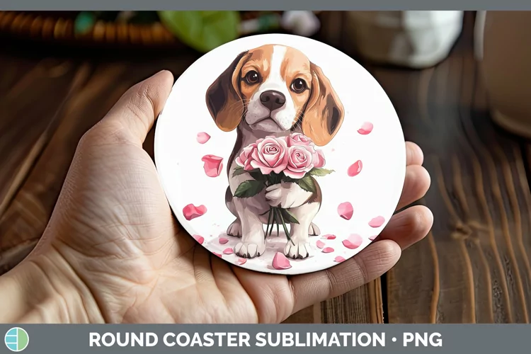 Valentine Rose Dogs Beagle Round Coaster Sublimation Coaster