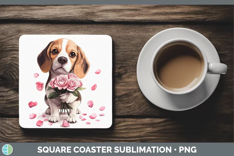 Valentine Rose Dogs Beagle Square Coaster Sublimation Coaste