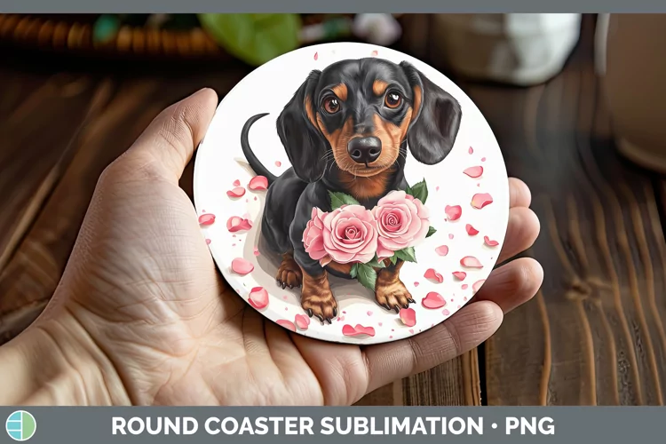 Valentine Rose Dogs Dachshund Round Coaster Sublimation Coas