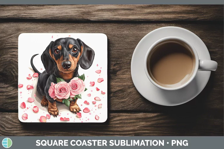 Valentine Rose Dogs Dachshund Square Coaster Sublimation Coa