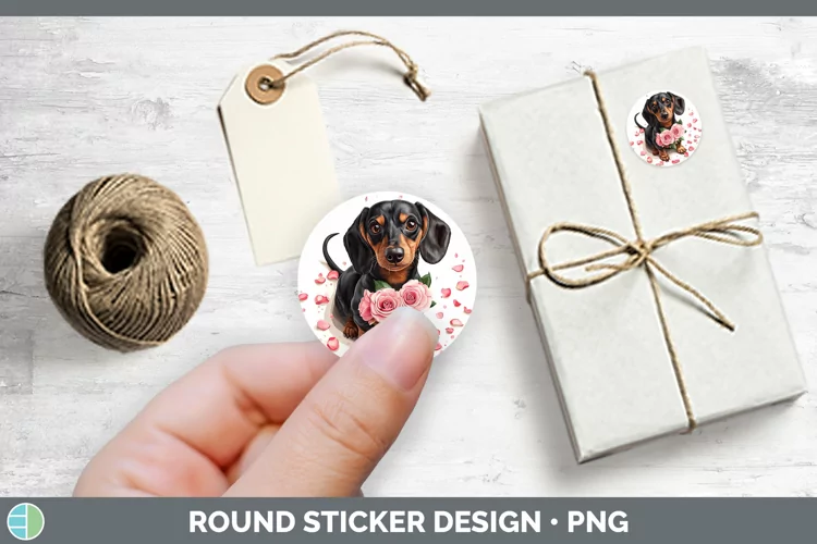 Valentine Rose Dogs Dachshund Stickers | Round Labels Design